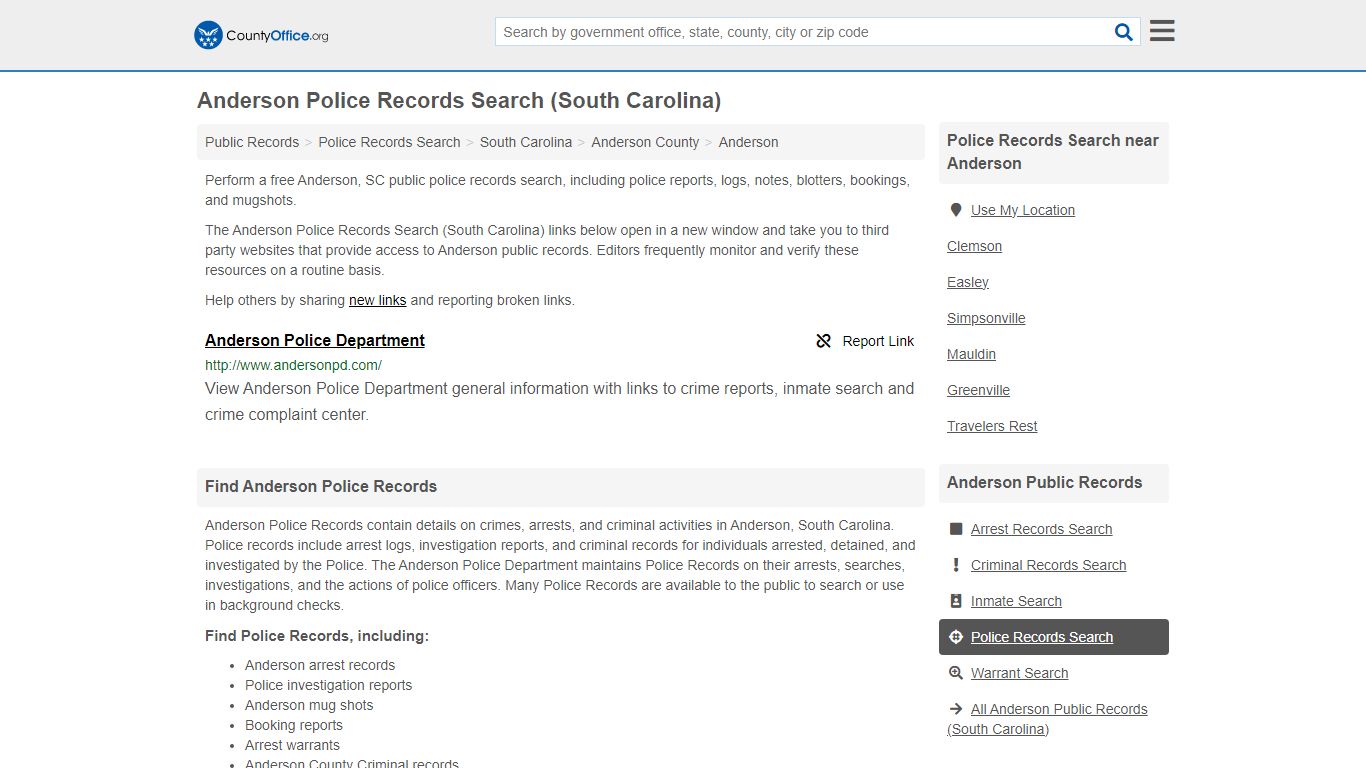 Anderson Police Records Search (South Carolina) - County Office